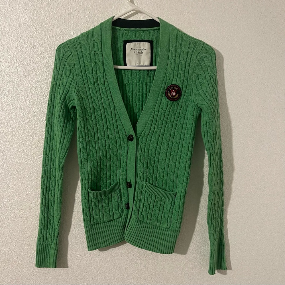Abercrombie Fitch Kelly Green Cable Knit Cardigan Vtg Y2K Monogram Size Small